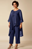 Chiffon Pauw Ronde Hals Plus Size Moeder Van Bruid Broekpakken