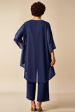 Chiffon Pauw Ronde Hals Plus Size Moeder Van Bruid Broekpakken