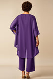 Chiffon Pauw Ronde Hals Plus Size Moeder Van Bruid Broekpakken