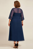 Marine Chiffon A Line Plus Size Moeder Van Bruid Jurk met 3/4 Mouwen