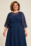 Marine Chiffon A Line Plus Size Moeder Van Bruid Jurk met 3/4 Mouwen