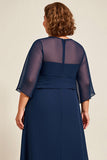 Marine Chiffon A Line Plus Size Moeder Van Bruid Jurk met 3/4 Mouwen