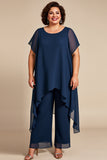 Marine Chiffon Ronde Hals Plus Size Moeder Van De Bruid Broekpakken