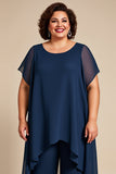 Marine Chiffon Ronde Hals Plus Size Moeder Van De Bruid Broekpakken