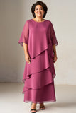 Vintage Mauve Chiffon Gegolfde Plus Size Moeder Van De Bruid Jurk met Halve Mouwen