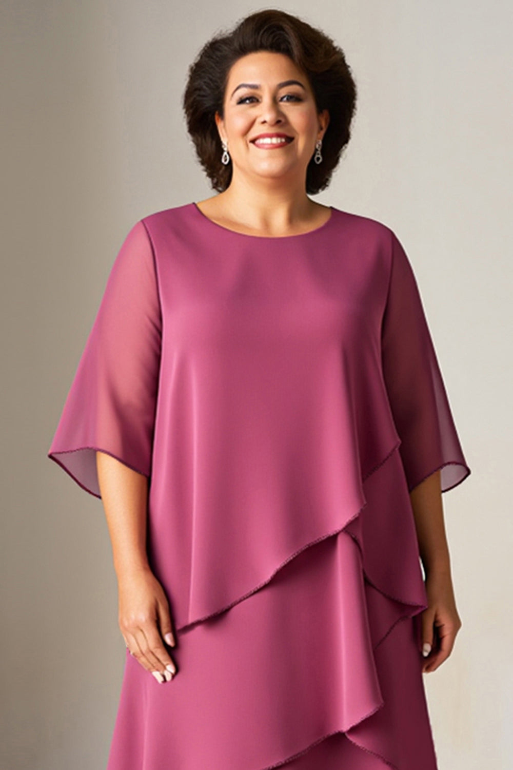 Vintage Mauve Chiffon Gegolfde Plus Size Moeder Van De Bruid Jurk met Halve Mouwen