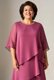 Vintage Mauve Chiffon Gegolfde Plus Size Moeder Van De Bruid Jurk met Halve Mouwen