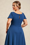 Inktblauwe A Line Satijn Plus Size Moeder van de Bruid Jurk met Korte Mouwen