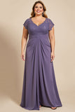 Grijs Paars A Line Chiffon Lace Plus Size Moeder van de Bruid Jurk