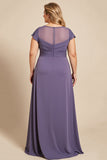 Grijs Paars A Line Chiffon Lace Plus Size Moeder van de Bruid Jurk