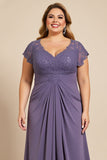 Grijs Paars A Line Chiffon Lace Plus Size Moeder van de Bruid Jurk