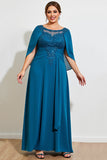 Peacock A Line Lace Chiffon Cape Plus Size Moeder van de Bruid Jurk