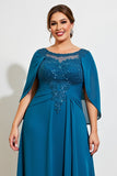 Peacock A Line Lace Chiffon Cape Plus Size Moeder van de Bruid Jurk