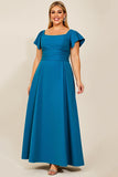 Peacock A Line satijn gerimpeld Plus Size moeder van de bruid jurk