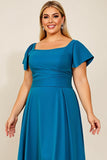 Peacock A Line satijn gerimpeld Plus Size moeder van de bruid jurk