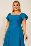 Peacock A Line satijn gerimpeld Plus Size moeder van de bruid jurk