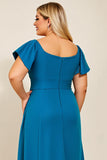 Peacock A Line satijn gerimpeld Plus Size moeder van de bruid jurk