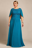 Peacock A Line Chiffon Lace Cape Plus Size Moeder van de Bruid Jurk