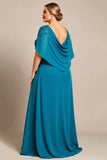 Peacock A Line Chiffon Lace Cape Plus Size Moeder van de Bruid Jurk