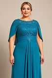 Peacock A Line Chiffon Lace Cape Plus Size Moeder van de Bruid Jurk