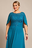 Peacock A Line Chiffon Lace Cape Plus Size Moeder van de Bruid Jurk