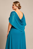 Peacock A Line Chiffon Lace Cape Plus Size Moeder van de Bruid Jurk