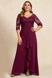 Bordeauxrode v-hals chiffon kanten ruches plus size moeder van de bruid jurk