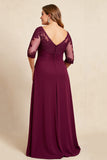 Bordeauxrode v-hals chiffon kanten ruches plus size moeder van de bruid jurk