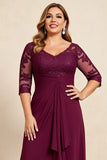 Bordeauxrode v-hals chiffon kanten ruches plus size moeder van de bruid jurk