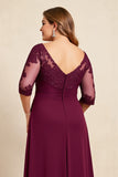 Bordeauxrode v-hals chiffon kanten ruches plus size moeder van de bruid jurk