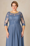 Stoffige blauwe A Line Chiffon Lace Plus Size moeder van de bruid jurk