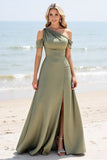 Olijf A Line Cold Shoulder Geplooide Lange Bruidsmeisjesjurk