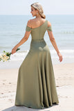 Olijf A Line Cold Shoulder Geplooide Lange Bruidsmeisjesjurk