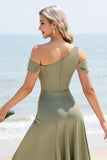 Olijf A Line Cold Shoulder Geplooide Lange Bruidsmeisjesjurk