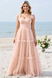 A Line Spaghetti Bandjes Blush Roze Geplooide Lange Bruidsmeisjesjurk