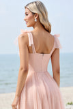 A Line Spaghetti Bandjes Blush Roze Geplooide Lange Bruidsmeisjesjurk