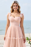 A Line Spaghetti Bandjes Blush Roze Geplooide Lange Bruidsmeisjesjurk