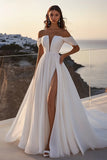 Een lijn lvory Off The Shoulder Lange Trouwjurk met Split