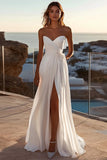 A Line lvory Strapless Geplooide Trouwjurk met Split