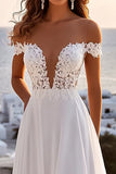 Een lijn lvory Off The Shoulder Geplooide Lange Trouwjurk