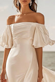 Een lijn lvory Off The Shoulder Geplooide Satijnen Lange Trouwjurk