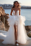 A Line Strapless lvory geplooide trouwjurk met split