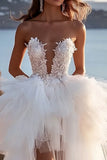 A Line Strapless lvory geplooide trouwjurk met split