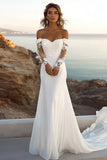 lvory zeemeermin Off The Shoulder Kanten Lange Trouwjurk