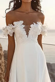 lvory een lijn Off The Shoulder opgestikte lange trouwjurk