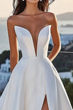 A Line Strapless lvory satijnen lange trouwjurk