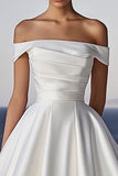 Ivoor Off The Shoulder Geplooide Satijnen Trouwjurk