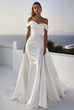 Satijn Off the Shoulder Ivoor Trouwjurk met Sjerp