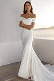Ivoor zeemeermin Off The Shoulder gerimpelde chiffon lange bruidsjurk