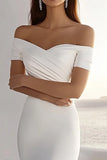 Ivoor zeemeermin Off The Shoulder gerimpelde chiffon lange bruidsjurk